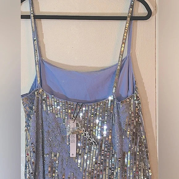 NWT ASOS Lavender, Silver Sequin Floral Midi w/ Faux Feather Hem Size 12 - Picture 10 of 16